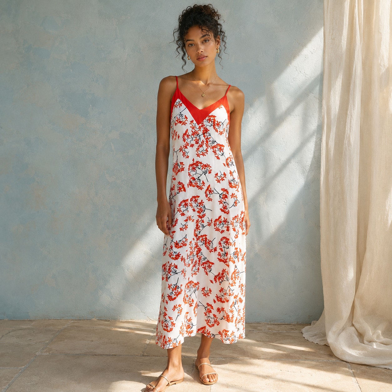 Collective Concepts Ivory Coral Floral Slip Maxi Dress S Coastal Resort